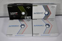 Three boxes of twelve Callaway Supersoft golf balls and one box of twelve Callaway Chrome Soft golf