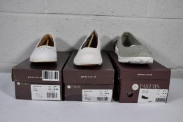 Three pairs of boxed Pavers to include Light Grey wide fit lightweight trainer pumps (Size UK 8), a