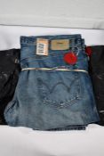 Two pairs of men's as new Edwin Slim-Tapered Jeans - Blue and Black (W38, L32).