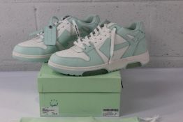 A pair of boxed as new Off White Calf Leather Out Of Office Sneakers in Mint/White (Size EU 45) (Out