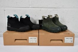 Two pairs of as new Tretorn Lunar Hybrid Rubber Boots, 1x Duffel Green, Size UK 8 and 1x Black/Black