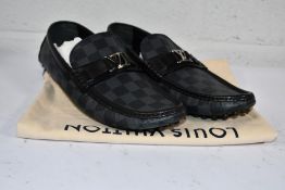 A pre-owned pair of Louis Vuitton Hockenheim Moccasin Shoes in Black Check, Size 8 1/2 (Very Minimum
