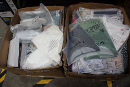 Two boxes of assorted as new clothing (100+ items).