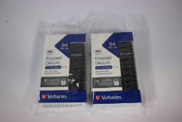 Three Verbatatim 64GB /Go keypad secure USB 3.2 Gen 1 Drive with 256 - bit AES hardware encryption.