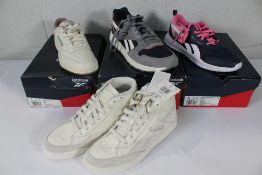 Four pairs of as new Reebok Trainers: Club C 85 Vintage (UK 6), GL1000 (UK 8), Club C Form High Shoe