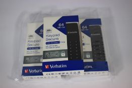 Three Verbatatim 64GB /Go keypad secure USB 3.2 Gen 1 Drive with 256 - bit AES hardware encryption.