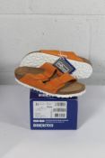 An as new pair of Birkenstock Arizona BS Narrow Fit Sandals in Russet Orange Suede, Size UK 3.5.