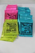 Eighteen sets of Ernie Ball Slinky Electric Guitar Strings: 2225 Extra (8), 2223 Super (6) and 2221