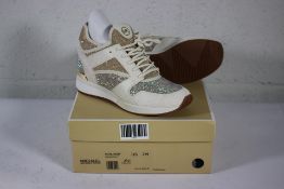 A boxed as new Michael Kors Maven Glitter Chain Mesh and Embellished Suede Trainers in Pale Gold, Si