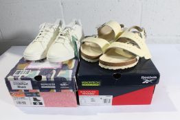 Four pairs of assorted trainers/shoes to include Reebox, Sketchers, Birkenstocks in various sizes.