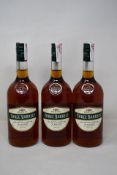 Three bottles of Three Barrels Rare Old French Brandy (1ltr) (Over 18s only).