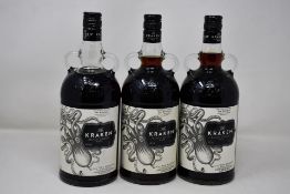 Three bottles of The Kraken Black Spiced Rum (1ltr) (Over 18s only).