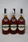 Three bottles of Three Barrels Rare Old French Brandy (1ltr) (Over 18s only).
