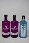 Bombay Sapphire London Dry Gin (700ml) and two bottles of Whitley Neill Rhubarb and Ginger Gin (700m