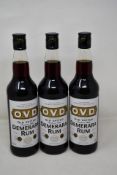 Three bottles of O.V.D Demerara Rum (700ml) (Over 18s only).