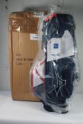 A boxed as new Mizuno LW Cart Bag 22 in Navy/White, Box Damaged.
