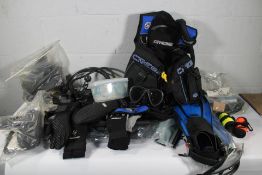 Pre-owned diving equipment to include a Cressi Aquapro 5R Scuba Jacket and three pairs of flippers: