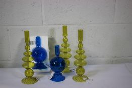 Three Maegen pear green taper glass candle holders and four Maegen Egyptian blue glass taper candle