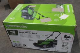 A boxed as new Greenworks 48V 41cm Cordless Lawnmower with Two Batteries & Twin Charger (some damage