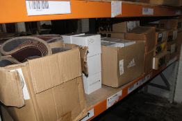 Assorted items to include sanding belts/discs and 3M Low Profile Fasteners (Approximately 40 boxes).