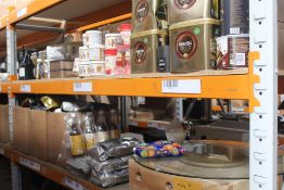 Two shelves of assorted food and homewares to include Nescafe Gold Blend, Starbucks coffee beans, Sk