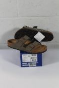 A pair of boxed as new Birkenstock Arizona BS Sandals in Stone, Size UK 9.