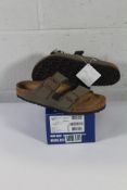 A pair of boxed as new Birkenstock Arizona BS Sandals in Stone, Size UK 9.