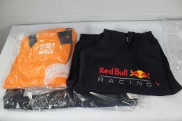 Two Red Bull racing logo navy hooded pullover sweatshirts (Size 1 x 44/46, 1 x 56/58) and one Red Bu