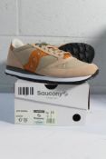 A pair of boxed as new Saucony Jazz Originals Trainers in Khaki/Orange, Size UK 13.