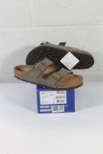 A pair of boxed as new Birkenstock Arizona BS Sandals in Stone, Size UK 9.