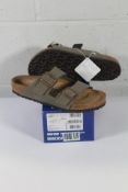 A pair of boxed as new Birkenstock Arizona BS Sandals in Stone, Size UK 9.