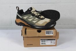 A pair of boxed as new Salomon X-Adventure GTX in Safari/Black/Sugar Almond, Size UK 12.