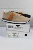 A pair of boxed as new Saucony Jazz Originals Trainers in Khaki/Orange, Size UK 12.