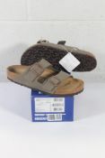A pair of boxed as new Birkenstock Arizona BS Sandals in Stone, Size UK 9.