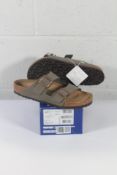 A pair of boxed as new Birkenstock Arizona BS Sandals in Stone, Size UK 9.