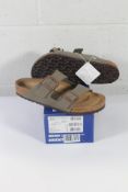 A pair of boxed as new Birkenstock Arizona BS Sandals in Stone, Size UK 9.