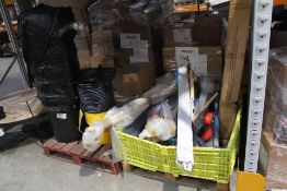 A quantity of tools and related items to include shovels, spirit level and dustbins.