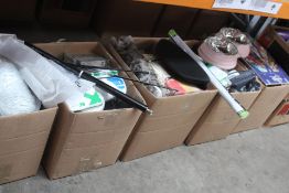 Seven boxes of miscellaneous items to include calendar, soft toy, homewares, pet and related items.