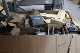 A pallet of hardware goods to include screws, door handles, latches and related items.