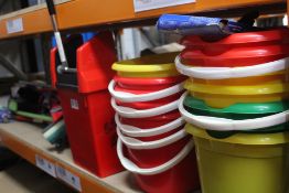 A quantity of cleaning items to include mop buckets, Vileda mops, Addis spray mops and Gorilla brush