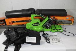 A Black+Decker Corded Pole Saw 800W - PS7525-GB and a pre-owned Greenworks Blower/Vacuum 48V (GD24X2