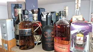 A quantity of whisky and brandy to include Jack Daniels, Bullet Bourbon, Martell and Mandarine Napo