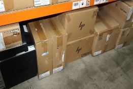 A quantity of new and pre-owned HP printers and parts.