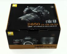 A boxed as new Nikon D850 DSLR Camera with AF-S NIKKOR 24-120mm f/4G ED VR Lens (EAN: 018208956487).