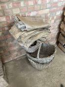 Quantity vintage wicker fruit picking baskets and hessain sacks