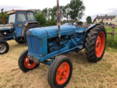 1952 Fordson Major 2wd tractor, petrol/parrafin with side belt pulley. Reg No: MLH 550. NO VAT