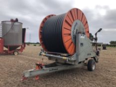 2001 Irrifrance Optima 100/400 single axle irrigation reel with Irricontrol panel and rain gun. Seri