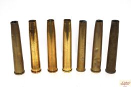 Six WWII dated 40mm brass shell cases with a 2PR N