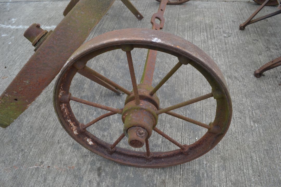 Set of four matching cast wheels on axles. Suit shepherds hut. - Image 5 of 6