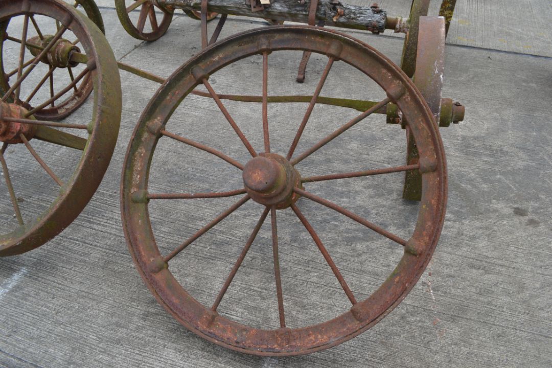 Set of four matching cast wheels on axles. Suit shepherds hut. - Image 2 of 6